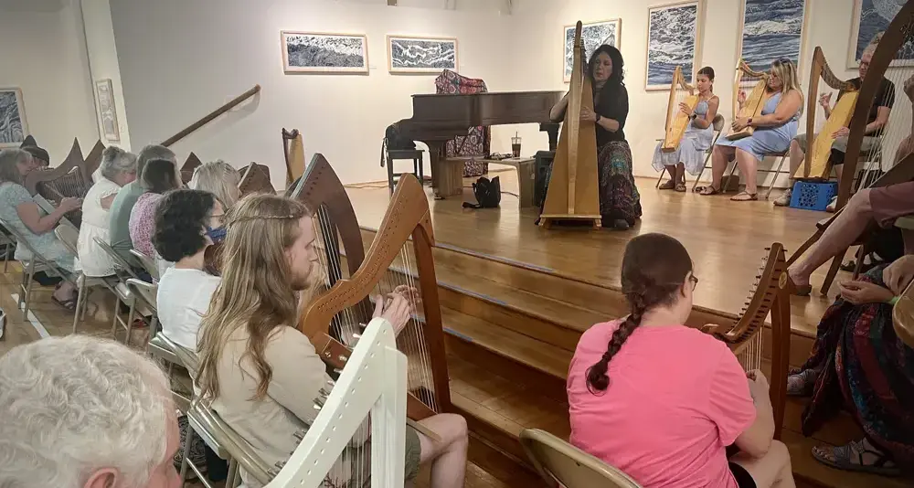people attending a harp workshop